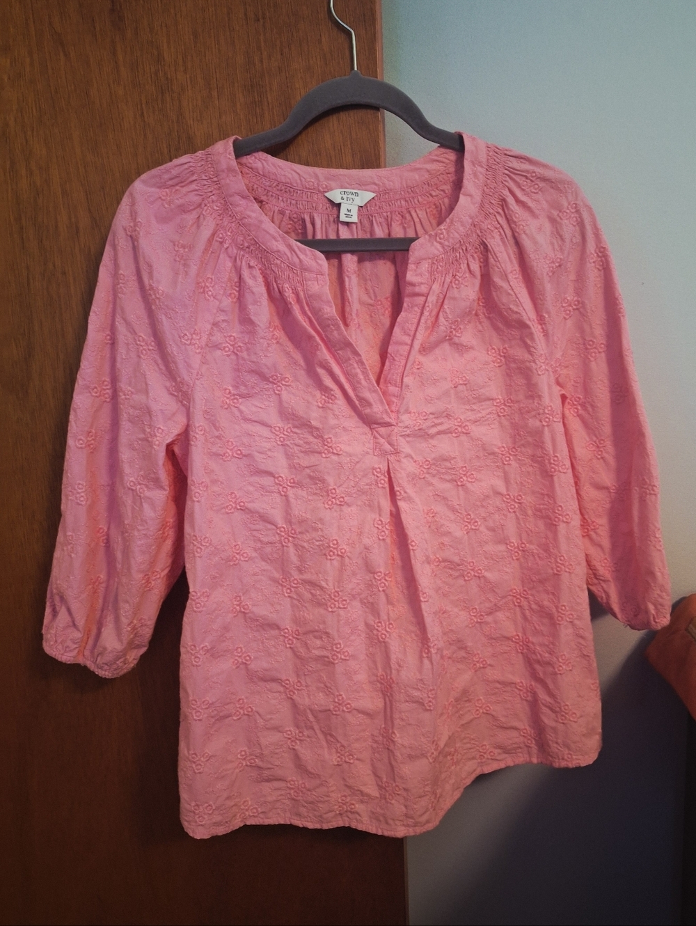 croft & barrow Pink Embroidered Split Neck Peasant Blouse Women's Size M